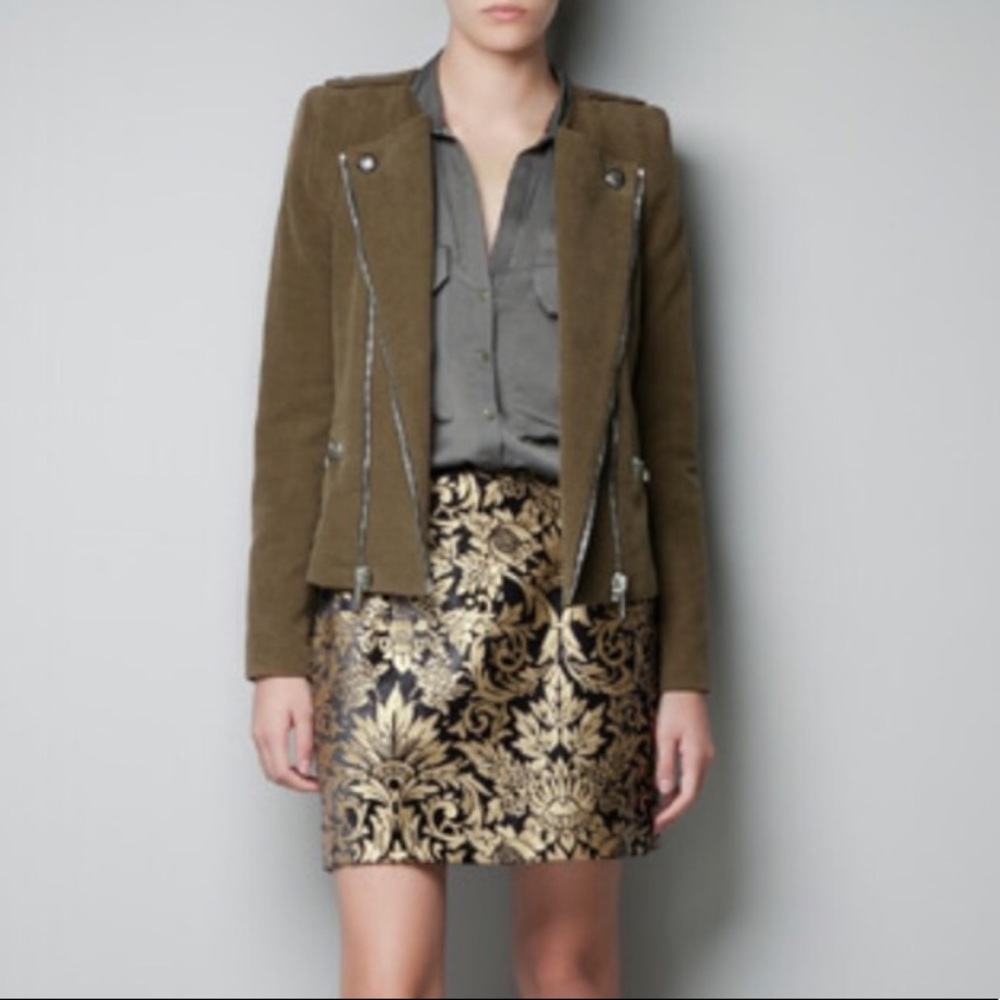 ZARA Military Army Moto Motorcycle Velvet Jacket M